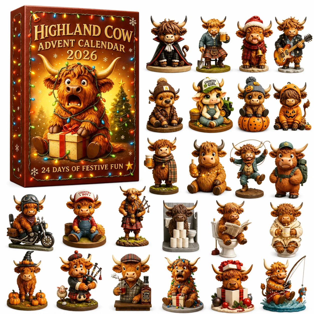24 Days of Highland Cow Christmas Advent Calendar 2026 | 24 Unique 3D Cow Figures - Buy 1